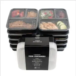 10 Buah 1000ML Plastik Wadah Persiapan Makan Microwave Kotak Penyimpanan Makanan dengan Tiga Kompartemen untuk Makanan