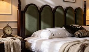 Premium Queen Size Dark Wood Spindle <b>Bed</b> With Green Velvet Five Panel Upholstered Headboard For Bedroom - Product Image 4