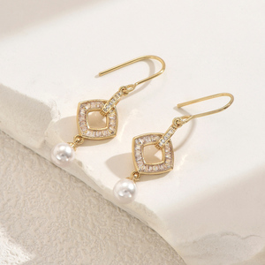 Pendientes de lujo de estilo Vintage para mujer, nuevo diseño de gota a la moda, colgante de perla, Zirconia cúbica, cobre geométrico para regalo de boda - Product Image 5