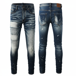 กางเกงสตรีทแวร์ผ้าเดนิมสำหรับผู้ชายทรงตรงระดับกลางทำให้มีรอยขาด - Product Image 1