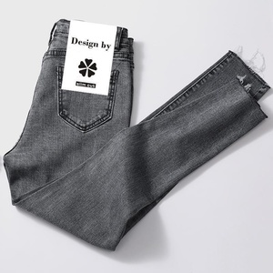 Jean slim <span class=keywords><strong>taille</strong></span> <span class=keywords><strong>basse</strong></span> en coton délavé noir et gris à bords effilochés, respirant, design tendance, pour femme - Product Image 3