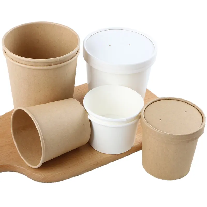 Recipiente desechable ecológico para comida, cuencos de Papel Kraft para Fideos, tazas calientes para sopa con tapa plana de papel