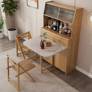 Tavolo da Pranzo Pieghevole con Piano Effetto Marmo, Struttura in Legno e Mobile Contenitore per <span class=keywords><strong>Cucina</strong></span> e Soggiorno di Piccoli Appartamenti - Product Image 4