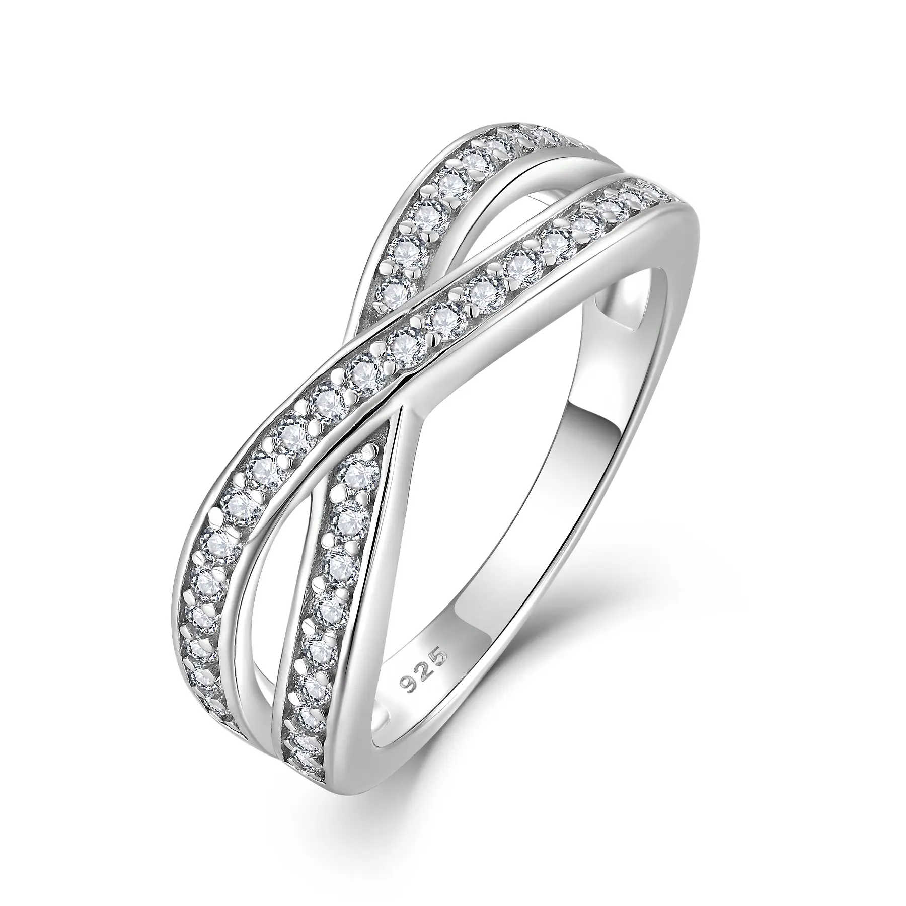 Feiner Schmuck Ring X-förmiges Kreuz Zirkon-Ring 925 Sterling-Silber plattiert mit Basking-Weiß CZ Frauen Mode Ring Schmuck für Hochzeit