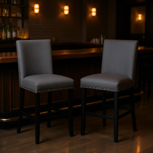 Ensemble de 2 tabourets de bar gris foncé Marian, en tissu, style contemporain moderne, base en bois, mobilier commercial - Product Image 2