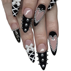 24 <span class=keywords><strong>Uñas</strong></span> Postizas Almendradas Medianas <span class=keywords><strong>con</strong></span> Punta Francesa Negra, Diseño Gótico de Corazón y Lazo, Estilo Stiletto Gyaru, Acrílicas, para Pegar - Product Image 2