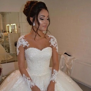 S0982R 2026 New Skin Color Net Flat Embroidered Lace Round Neck Wedding <b>Dress</b> - Product Image 1