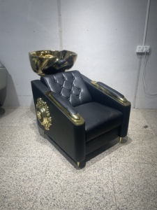Lujosa Unidad de Lavacabezas Europea Negra y Dorada para Salón con Lavabo de Cerámica y Silla Tapizada Cómoda para Mobiliario de Barbería - Product Image 3