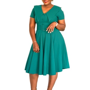 Nouvelle robe midi élégante en polyester à col en V, couleur unie, vêtements de travail pour femmes, manches courtes, robe de bureau élégante, décontractée d'été - Product Image 1
