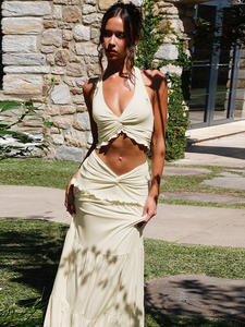 Venta caliente en <span class=keywords><strong>ropa</strong></span> de <span class=keywords><strong>mujer</strong></span> Sexy con cuello en V Oreja de madera Halter Vestido retorcido Conjunto de dos piezas - Product Image 2