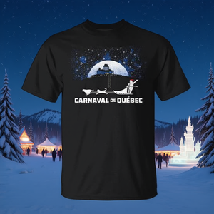 Camiseta del Carnaval de Invierno de Quebec con Diseño de Perro Tirando de Trineo y Muñeco de Nieve con Gorro Rojo y Cinta, Producto Promocional - Product Image 3