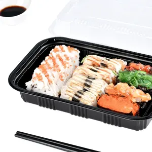 Manluen Factory Supplier Food Take Out Packaging Plastic Container Rectangle Black Microwave Safe Disposable Bento Box