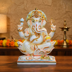 Estatua de Ganesha sobre Loto de Resina Tradicional Hecha a Mano |   Ídolo Decorativo del Dios Ganesha para el Hogar, Templo y Decoración de Regalos - Product Image 3