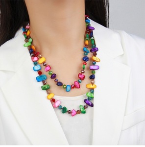 สร้อยคอผู้หญิงสไตล์วินเทจแบบพัน 2 ชั้น ความยาว 115-120 ซม. ประดับคริสตัลและลูกปัดแก้ว พร้อมเปลือกหอยรูปทรงไม่สม่ำเสมอ - Product Image 1