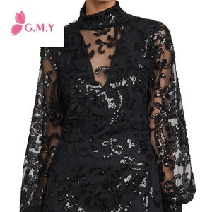 GIMILY-Vestido corto de talla personalizada para mujer, estampado Floral informal, malla de lentejuelas negras, Espalda descubierta, cuello falso, manga larga - Product Image 1