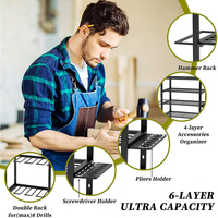 JH-Mech-Grande étagère pour outils utilitaires, support mural pour 8 perceuses, 6 couches, organisateur d'outils électriques en métal robuste et support de rangement
