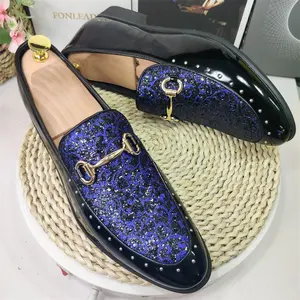 Real Videos Fashion Design Blue Gold Glitters Upper Wedding Footwear Men Fancy Dress Shoes