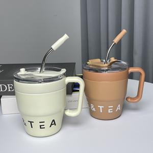 480ml Cross-Border High-Value Stainless Steel Water <b>Cup</b> Office Fashion Wake-up Coffee <b>Sippy</b> with <b>Straw</b> for Home Travel - Product Image 2