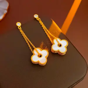 Factory Hot Selling Long Tassels White Lucky Grass Dangle Earrings Brass Gold Plated Jewelry Earrings Drops Vier Canacsa