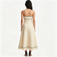 Robe longue élégante à col halter avec passepoil noir, coupe trapèze, pour femme, respirante, écologique, sans manches, idéale pour l'été et le quotidien