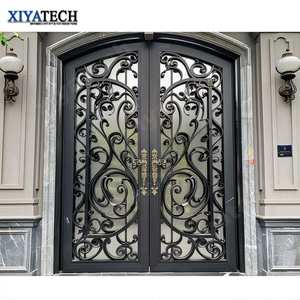 XIYATECH Maison d'entrée principale moderne Porte noire de sécurité Porte en fer forgé Anti-vol Maison Portes d'entrée doubles arquées - Product Image 1