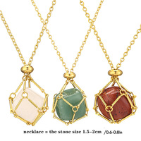Collier en pierre naturelle avec cage pour femme, pendentif en pierre précieuse brute, bijoux en cristal de guérison enroulés de fil, vente en gros