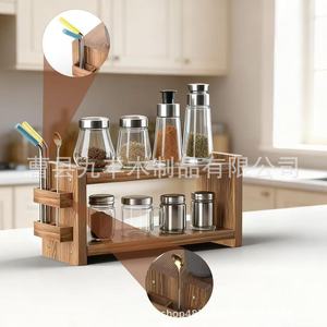 Coffee Machine Storage Rack 2 Tier Wooden <b>Desktop</b> Organizer With Straw Holder For Kitchen Counter Utensil Spice Display - Product Image 4