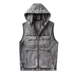 Gilet en jean élégant pour homme, style coréen, coupe slim, sans manches, à capuche, polyvalent, décontracté, effet délavé, haute qualité - Product Image 1