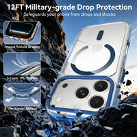 Coque de téléphone magnétique haute transparence pour iPhone 17 18 Pro avec cadre d'objectif en métal bleu, touches métalliques personnalisées, protection antichoc transparente
