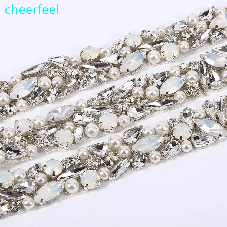 Hot sale bling rhinestone crystal opal sash belt applique trimming for bridal wedding dress RH1005