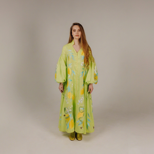 Robe longue maxi décontractée pour femme, en coton naturel, coupe moderne, imprimé floral, manches longues, brodée, style bohème vert, écologique - Product Image 1
