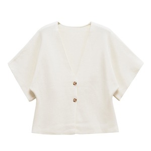 Cardigan décontracté <span class=keywords><strong>blanc</strong></span> tendance pour femmes, <span class=keywords><strong>gilet</strong></span> en tricot à deux boutons, haut à manches courtes, vêtement extérieur polyvalent - Product Image 4