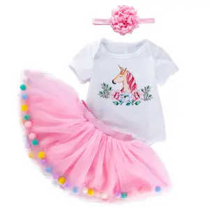 2019 New arrived boutique baby girl birthday clothing set 3pcs cotton unicorn tutu dresses set for girls