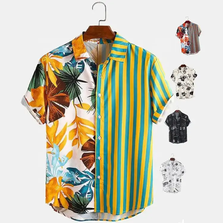 Kostenloser Versand Summer Resort Men Button Up Custom Print Shirts Zweifarbiges gestreiftes Patchwork Aloha Beach Hawaii hemd