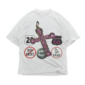T-shirt Oversize Y2K Goth Streetwear con Grafica Chrome Punk 'Not Saint Pray Rebel' e Croce con Gemme Route 66 - Product Image 2