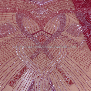 Robe de soirée à paillettes rouges et perles, tissu de luxe, broderie perlée, tissu de mariée avec perles, paillettes, matériaux en dentelle - Product Image 1