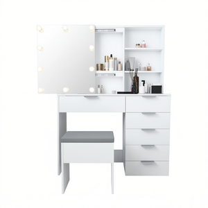 Moderno Set de Tocador Blanco con Espejo Iluminado, 6 Cajones, 2 Estantes, Diseño de Panel de Madera para Dormitorio - Product Image 1