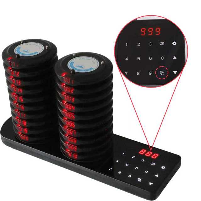 Wireless Queue Management System 20 Receiver Set Disk Shape Design Vibration Buzzer LED Light Three Alert Modes