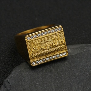 Hip Hop Gold Plated Crystal <b>Rings</b> <b>Men</b> Stainless Steel Last Supper <b>Ring</b> - Product Image 5