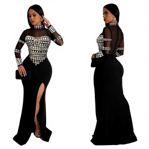 Vestido Maxi de Alta Calidad para Mujer, Estilo Trompeta, Cintura Imperio, Abertura Lateral, Elástico, con Pedrería, Encaje, Transparente - Product Image 3