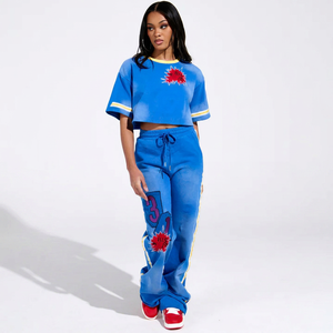Women's Blue <b>Cropped</b> T-Shirt And Jogger Set With <b>Red</b> Star Print Loose Fit Streetwear 2-Piece Sportswear Spring Summer - Product Image 1