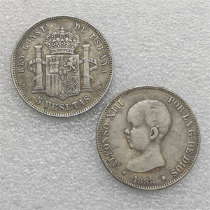 Pièces de monnaie commémoratives de style antique, 5 pesetas d'Espagne 1888, cadeaux, décoration de la maison - Product Image 1