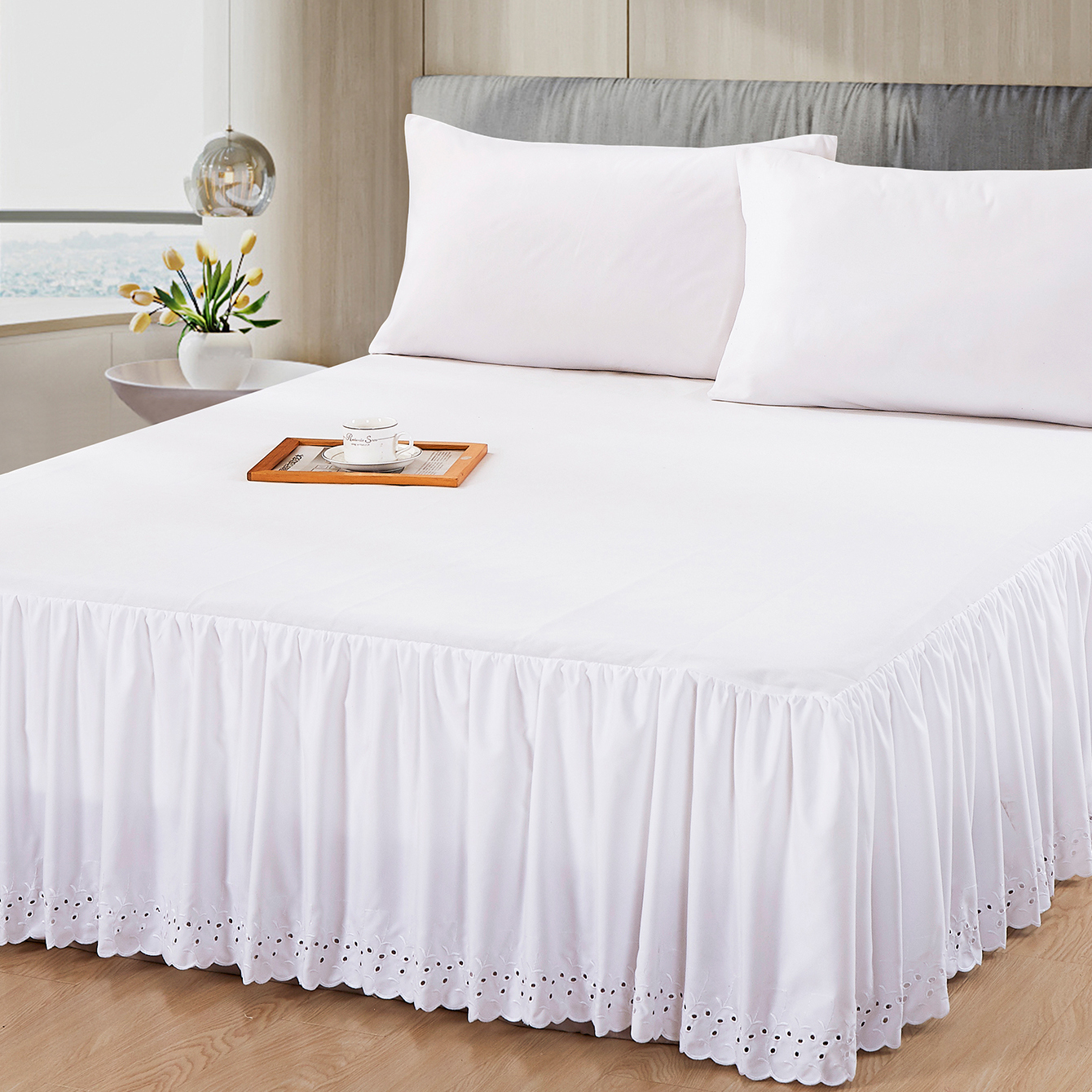 Honeymoon Hot Sale Home Textiles Bed Skirt White Embroidery Lace sheets Bedspread Bedding Skirt for hotel