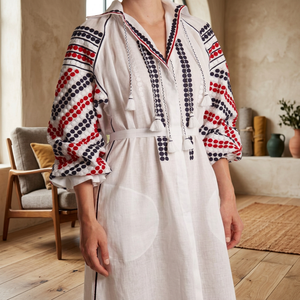 Robe en coton ethnique blanche à pois rouges et bleu marine, manches trois quarts, coupe ample, longueur midi, pour femme, tenue quotidienne d'été - Product Image 3