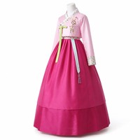 Ensemble Hanbok pour femmes, rose, Jeogori, jupe Chima magenta, col brodé, ruban Goreum, costumes traditionnels coréens pour scène et danse