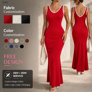 <span class=keywords><strong>Robe</strong></span> <span class=keywords><strong>pull</strong></span> longue moulante côtelée en maille pour femme, personnalisée OEM, rouge, col en V, sans manches, à larges bretelles, avec bordure en dentelle blanche festonnée - Product Image 1
