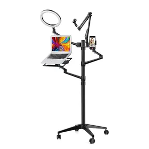 Anneau lumineux LED 10 "avec support de micro pour ordinateur portable, tablette ou appareil photo 5-en-1 Support de sol mobile pour équipement de diffusion en direct