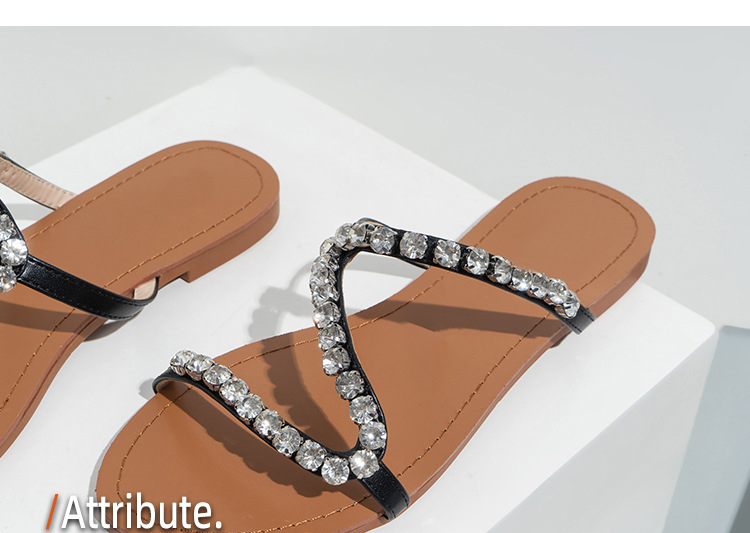 Fashion Rhinestone Flat Shoes Women's Slippers Beach Sandals Girls Leather Pu Slides