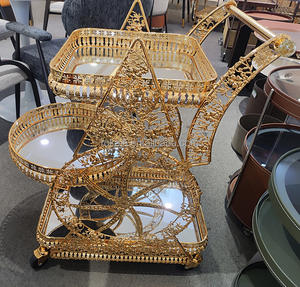 뜨거운 판매 속이 빈 다이닝 트롤리 웨딩 장식 꽃꽂이 이동 트롤리 유리 탑 골드 메탈 와인 티 트롤리 - Product Image 4