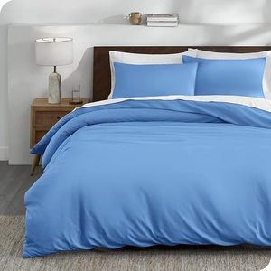 ชุดปลอกหมอนและผ้าปูที่นอนผ้าฝ้ายโพลีเรียบง่ายสีฟ้าสะอาดชุดเครื่องนอนผ้าปูเตียงผ้านวมติดตั้งชุดเครื่องนอนผ้าปูเตียงสำหรับโรงแรมบ้าน - Product Image 1